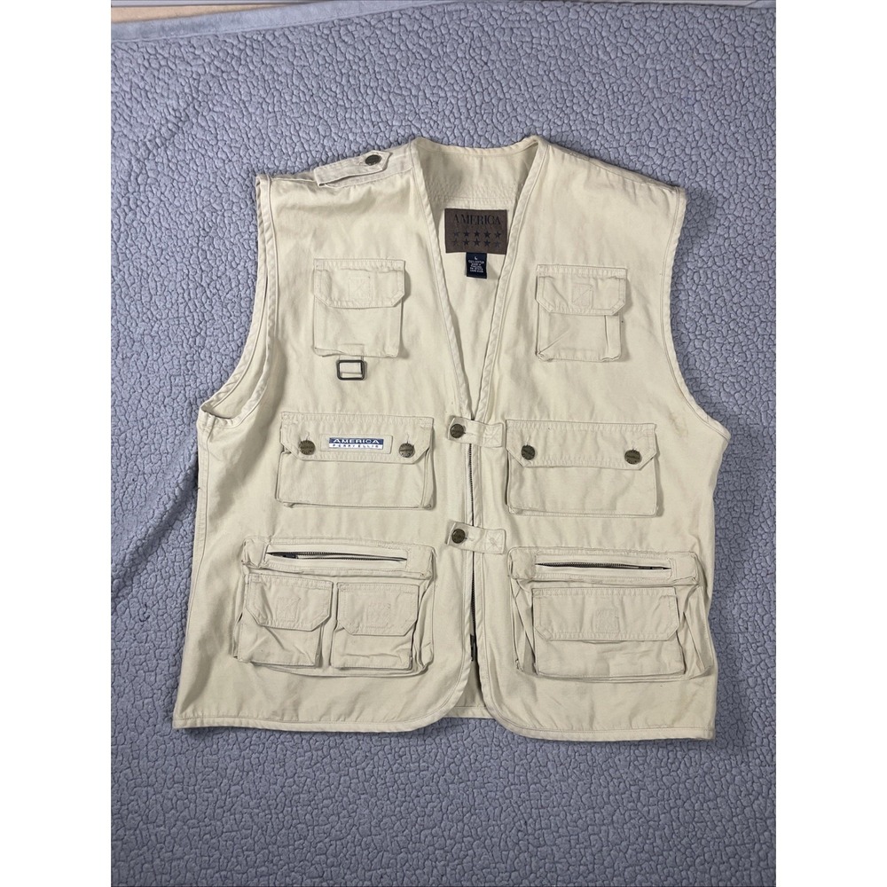 America Perry Ellis Vest Men L Large Beige Shrink to Fit Fishing Utility Huntin